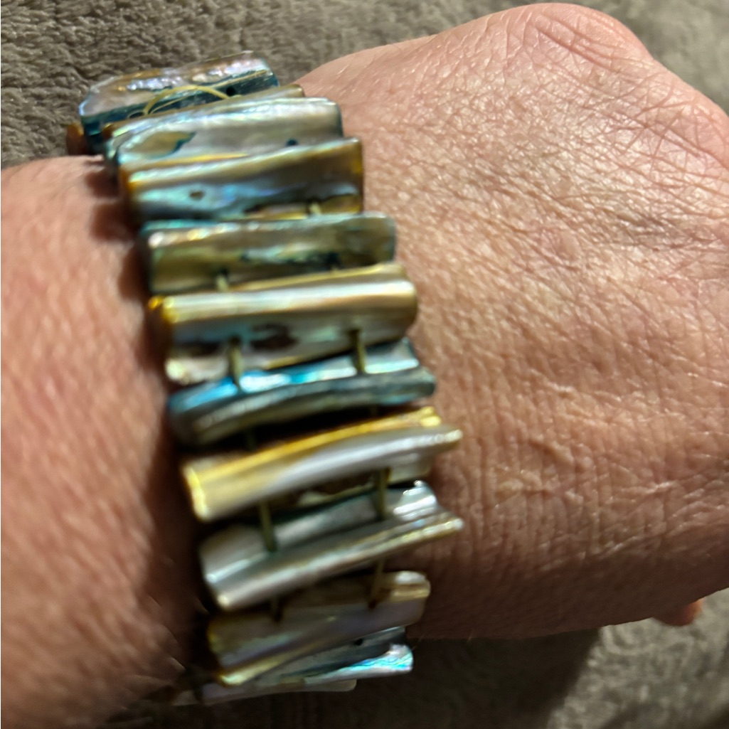 Abalone Mopearl Gold-Blue Shell Elastic-Stretch Cuff Bracelet 1.75” Wide Chunky